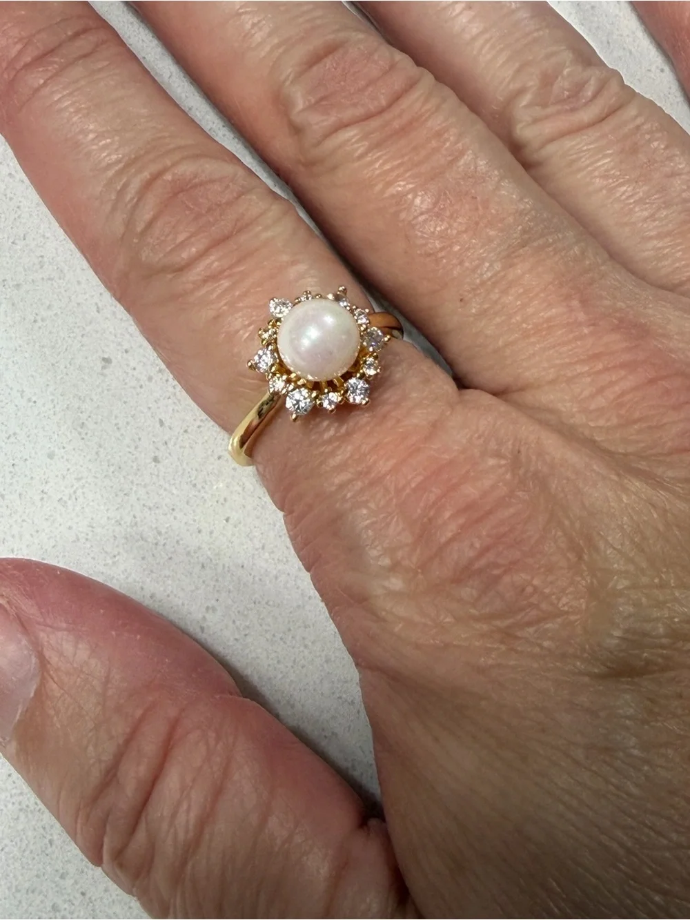 GoldOro Elegant Faux Pearl and AAA CZ Halo Ring